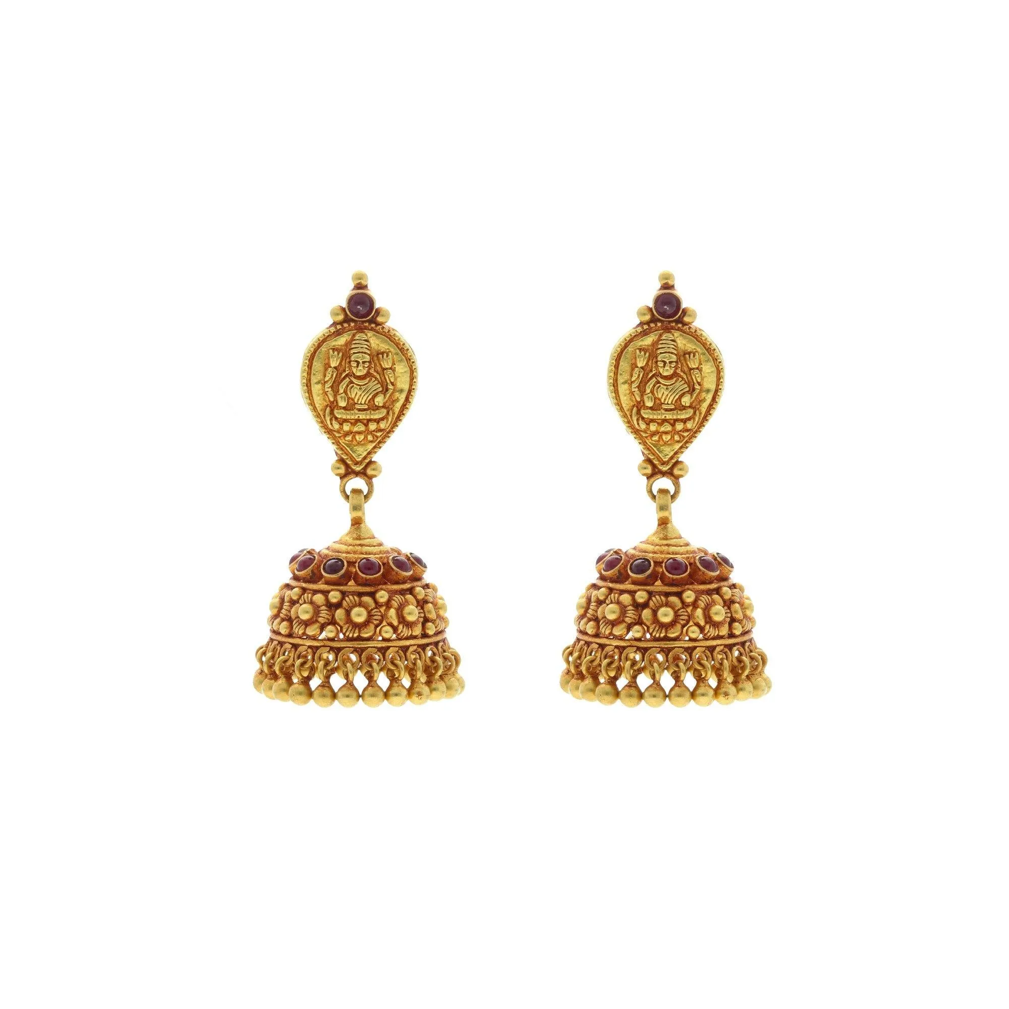 22K Yellow Gold Antique Matte Finish Earrings W/Ruby, 4.7 grams