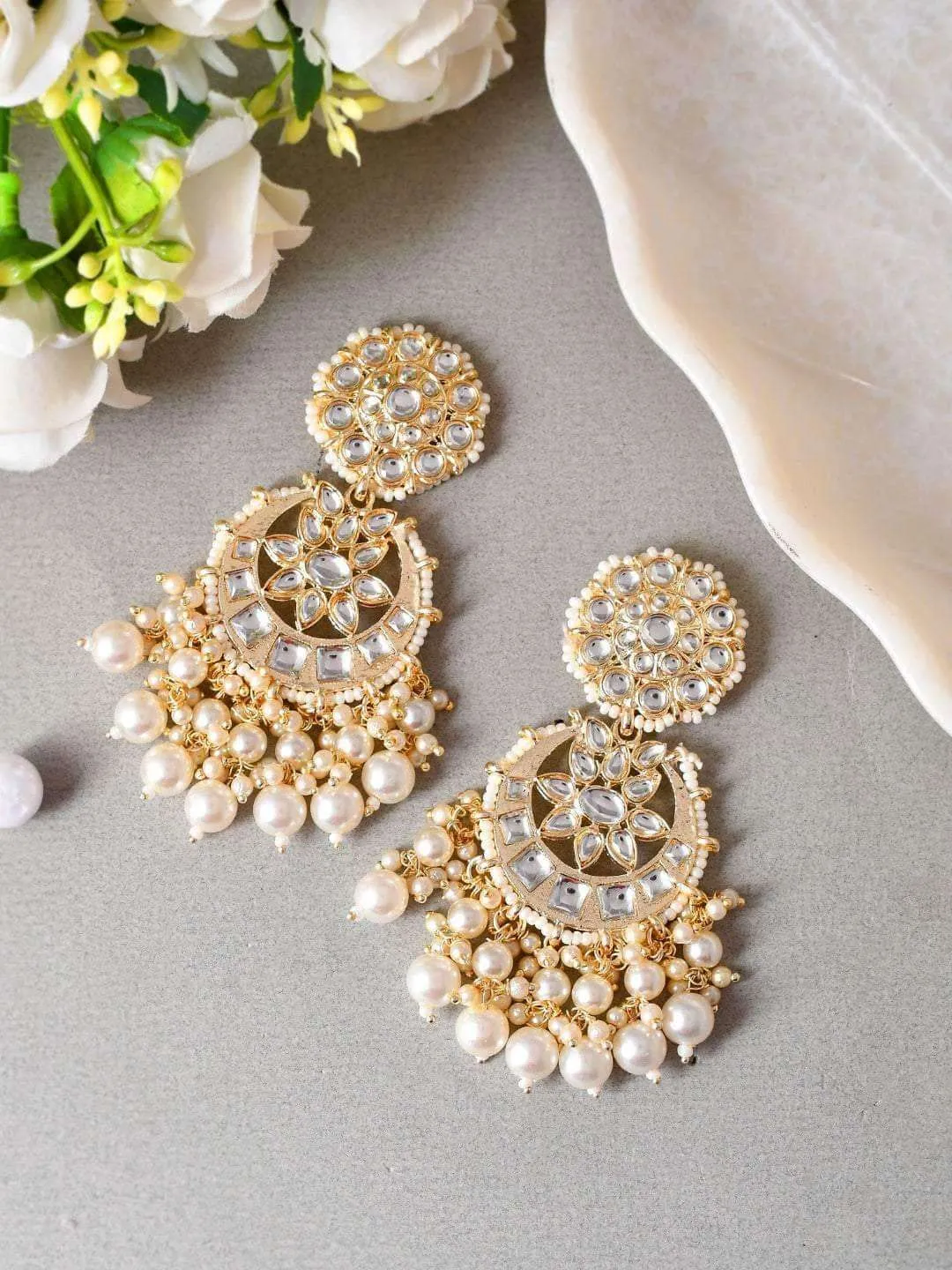 Chandbali Pearl White Kundan Earring