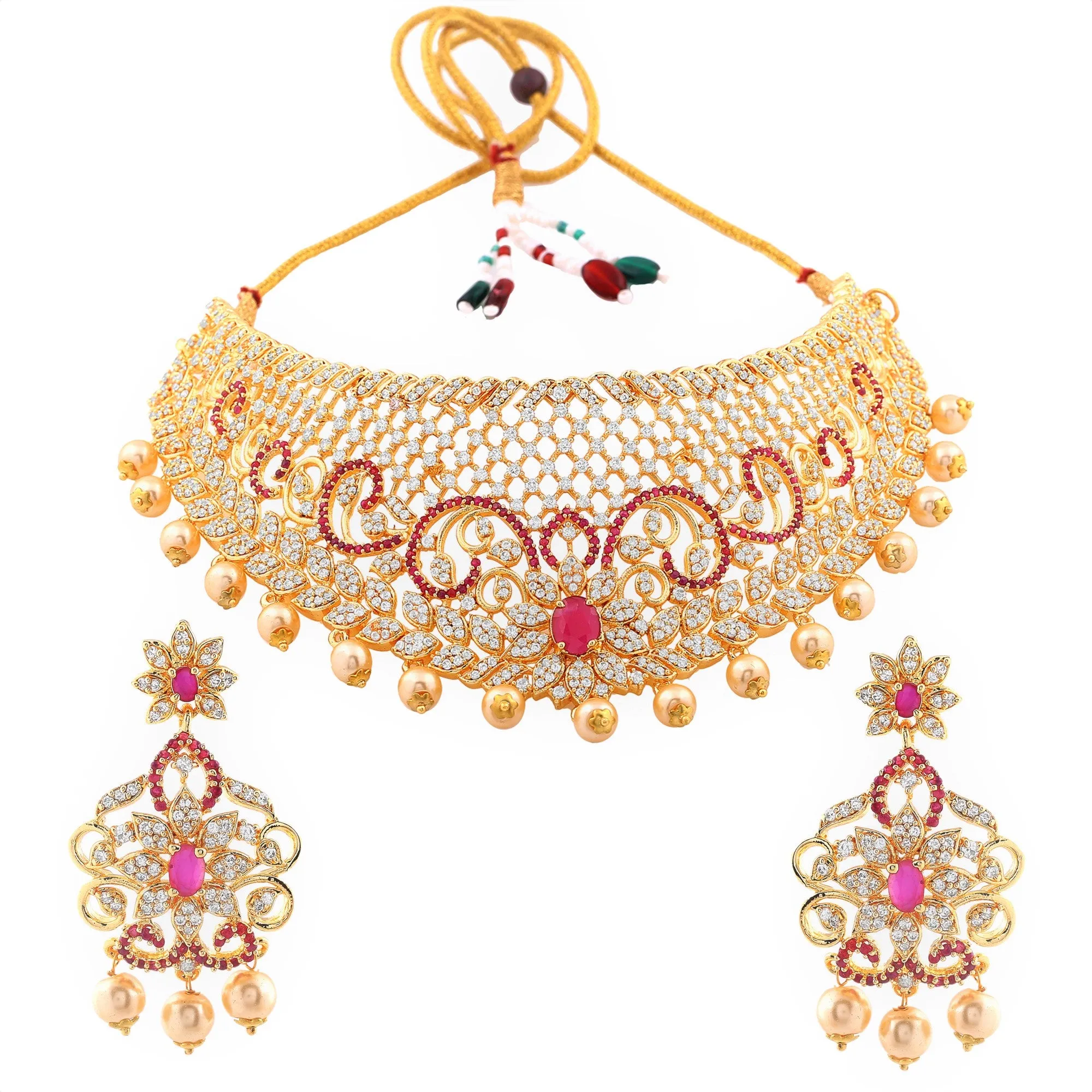 Estele Gold Plated CZ Bridal Choker Necklace Set with Red Crystals & Pearls for Women