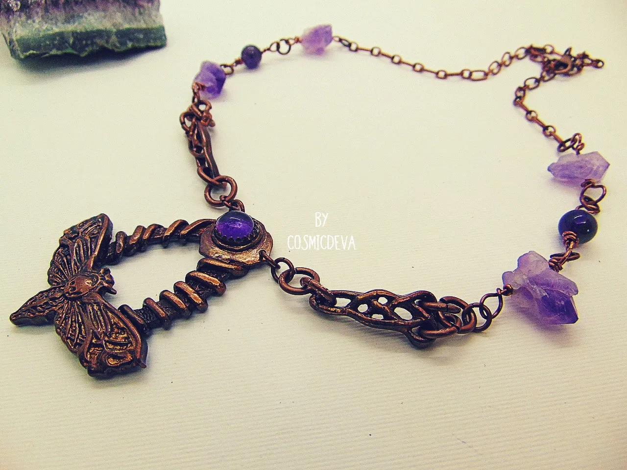 Gothic Moth Copper Pendant Necklace With Raw Amethyst