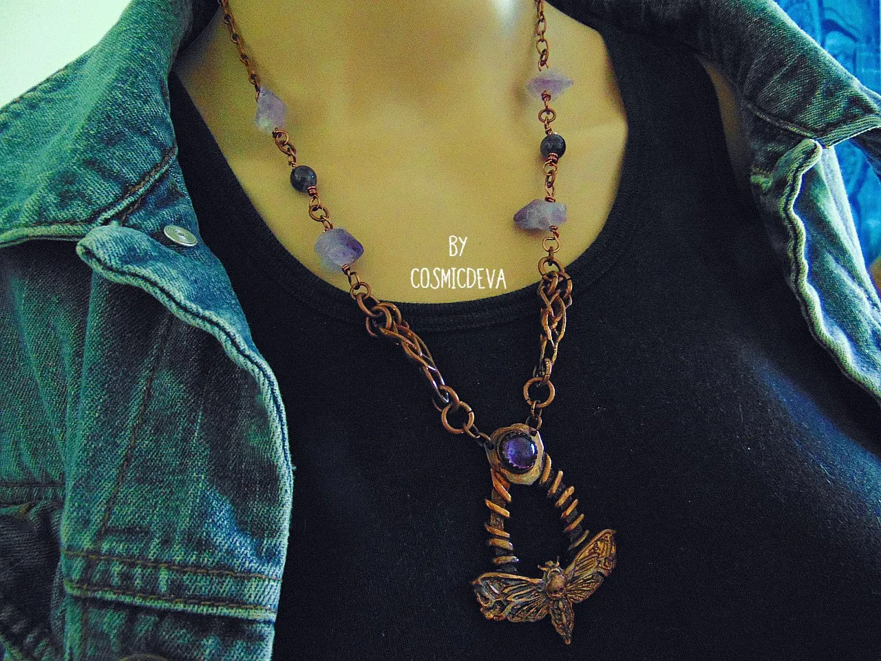 Gothic Moth Copper Pendant Necklace With Raw Amethyst