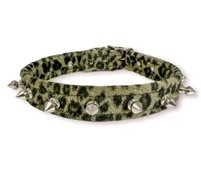 Green fuzzy Leopard Fabric Collar w/ Silver Spikes