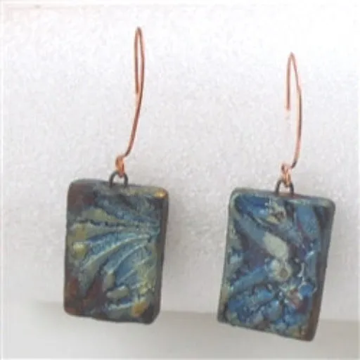 Iridescent Dark Blue Artisan Handmade Copper Earrings Raku Glaze