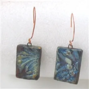 Iridescent Dark Blue Artisan Handmade Copper Earrings Raku Glaze