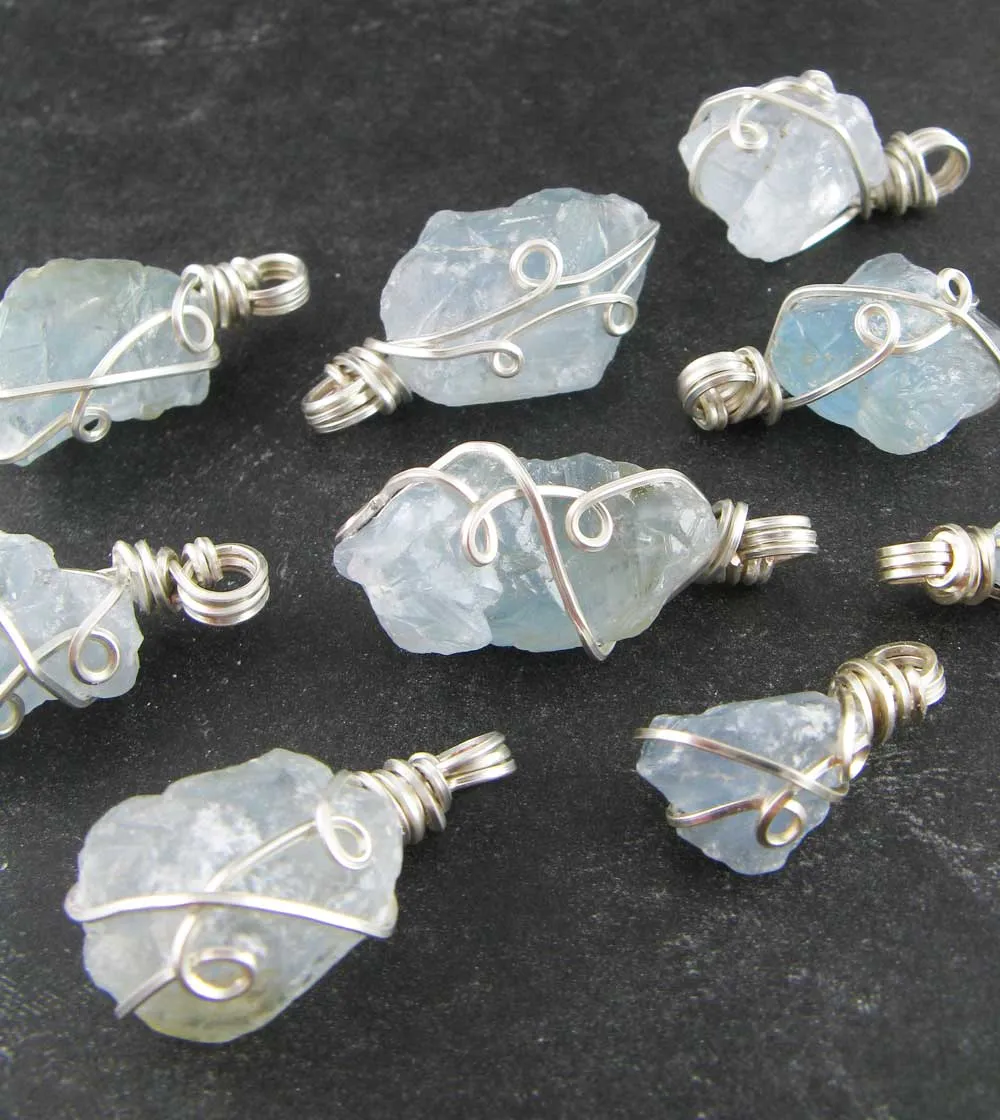 Raw Blue Celestite Crystal Pendant, Silver Wire-Wrapped, with 20 Chain, Handmade