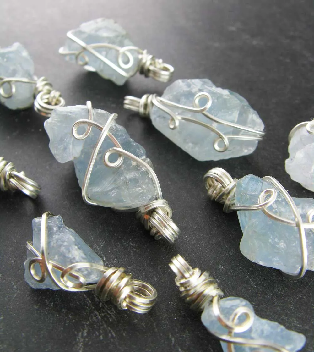 Raw Blue Celestite Crystal Pendant, Silver Wire-Wrapped, with 20 Chain, Handmade