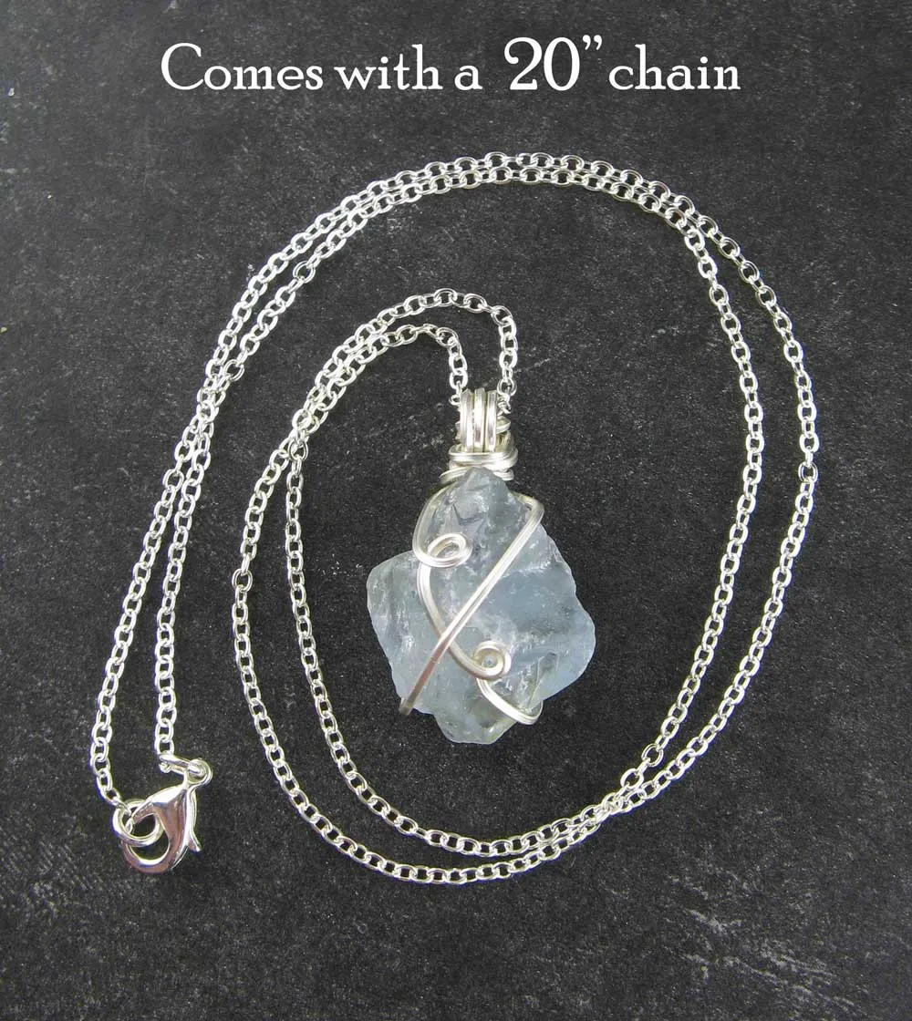 Raw Blue Celestite Crystal Pendant, Silver Wire-Wrapped, with 20 Chain, Handmade