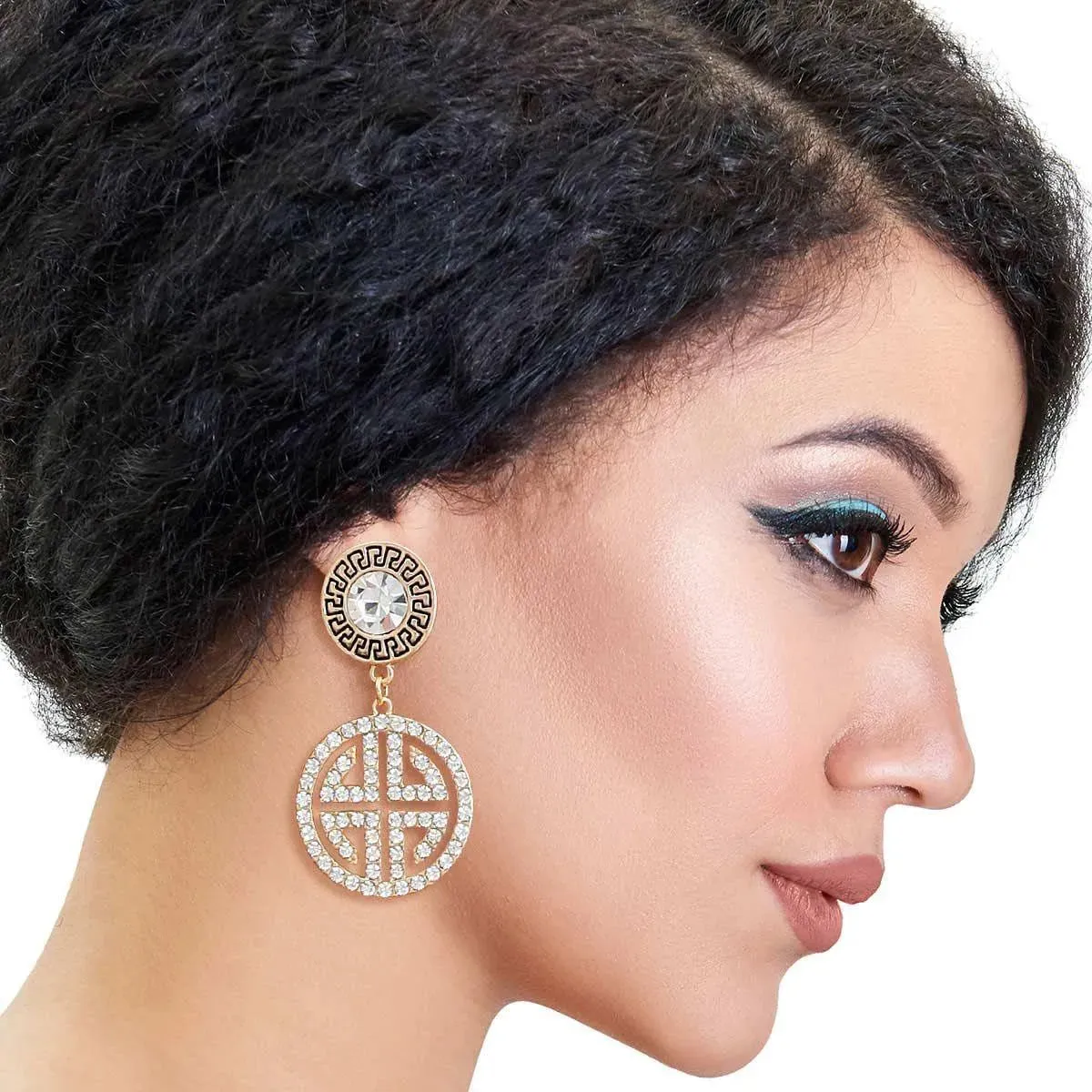 Two-Tone Greek Key Medallion Earrings Gold