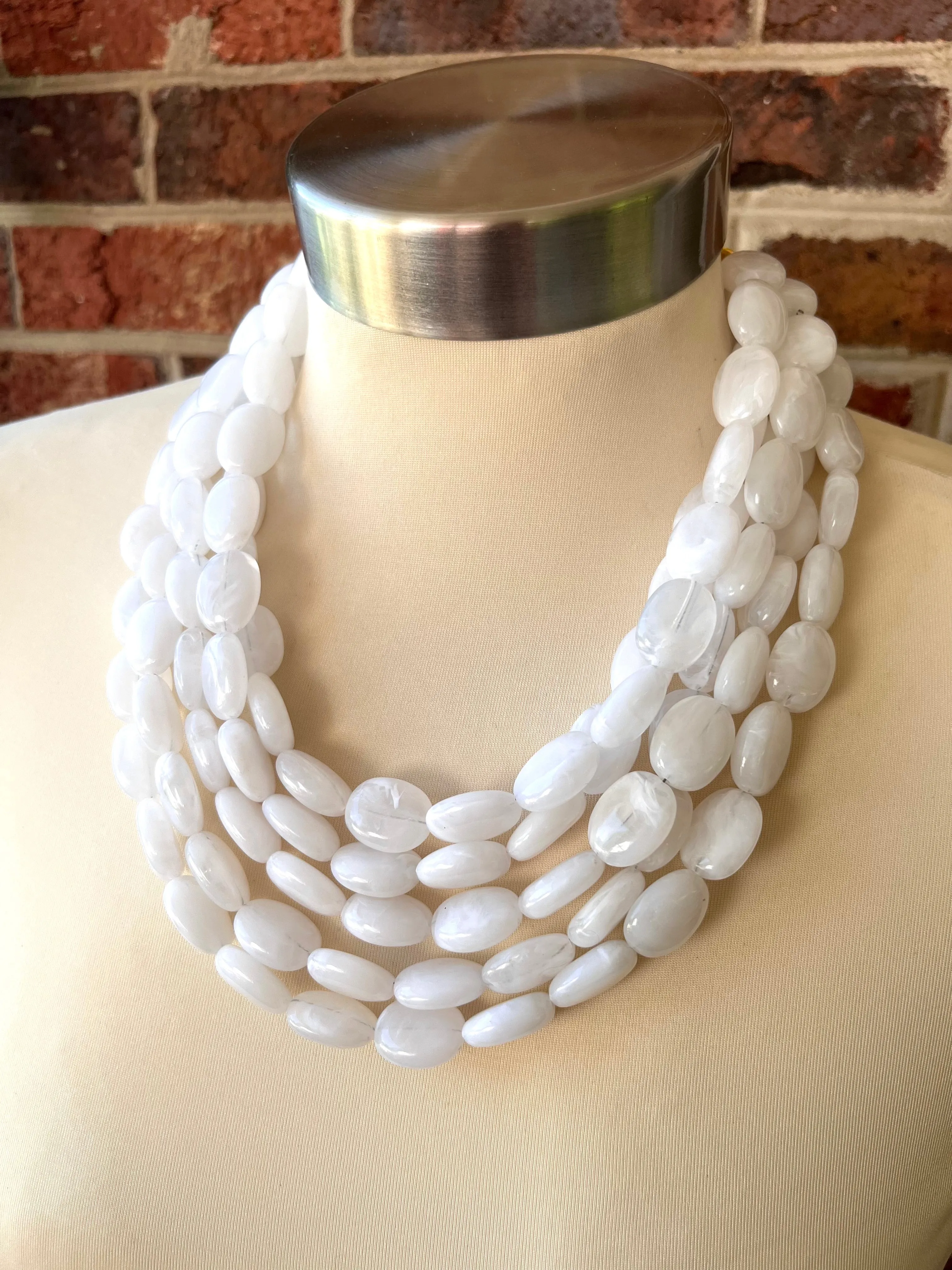 White Lucite Acrylic Beaded Multi Strand Chunky Statement Necklace - Lauren